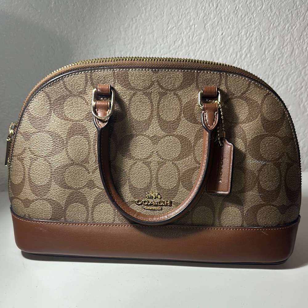 Coach Brown Satchel with Signature Monogram and Leather Trim